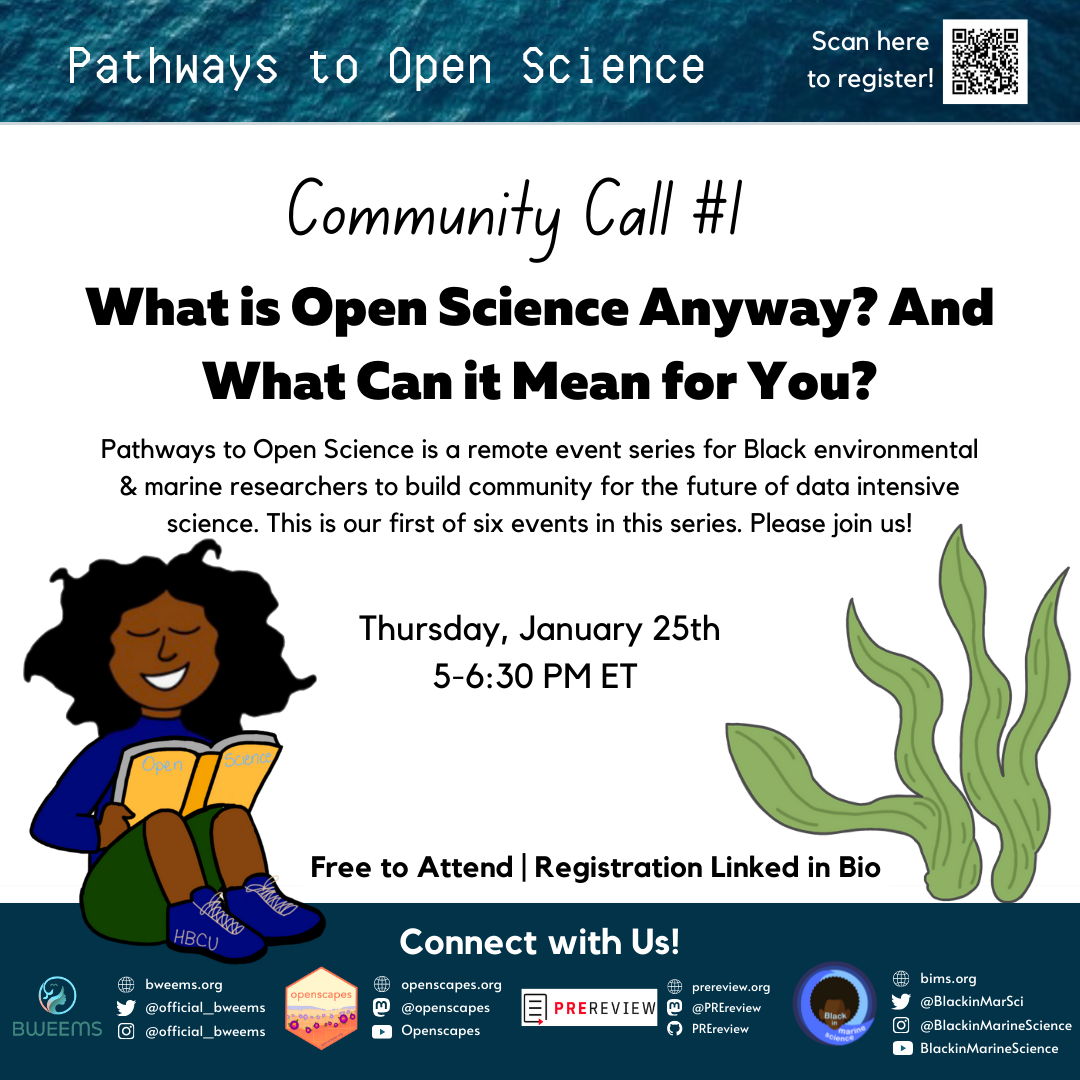 poster for Community Call #1 with cartoon of kelp on the left and a Black woman sitting cross-legged, smiling reading a book